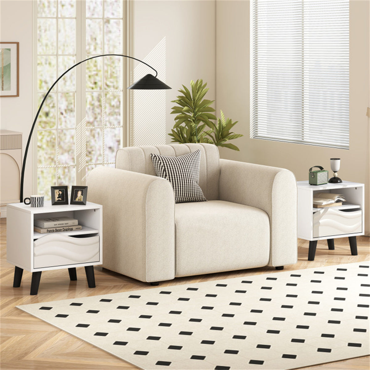 White Nightstand with Drawer & Open Shelf – Modern Compact Bedside Table