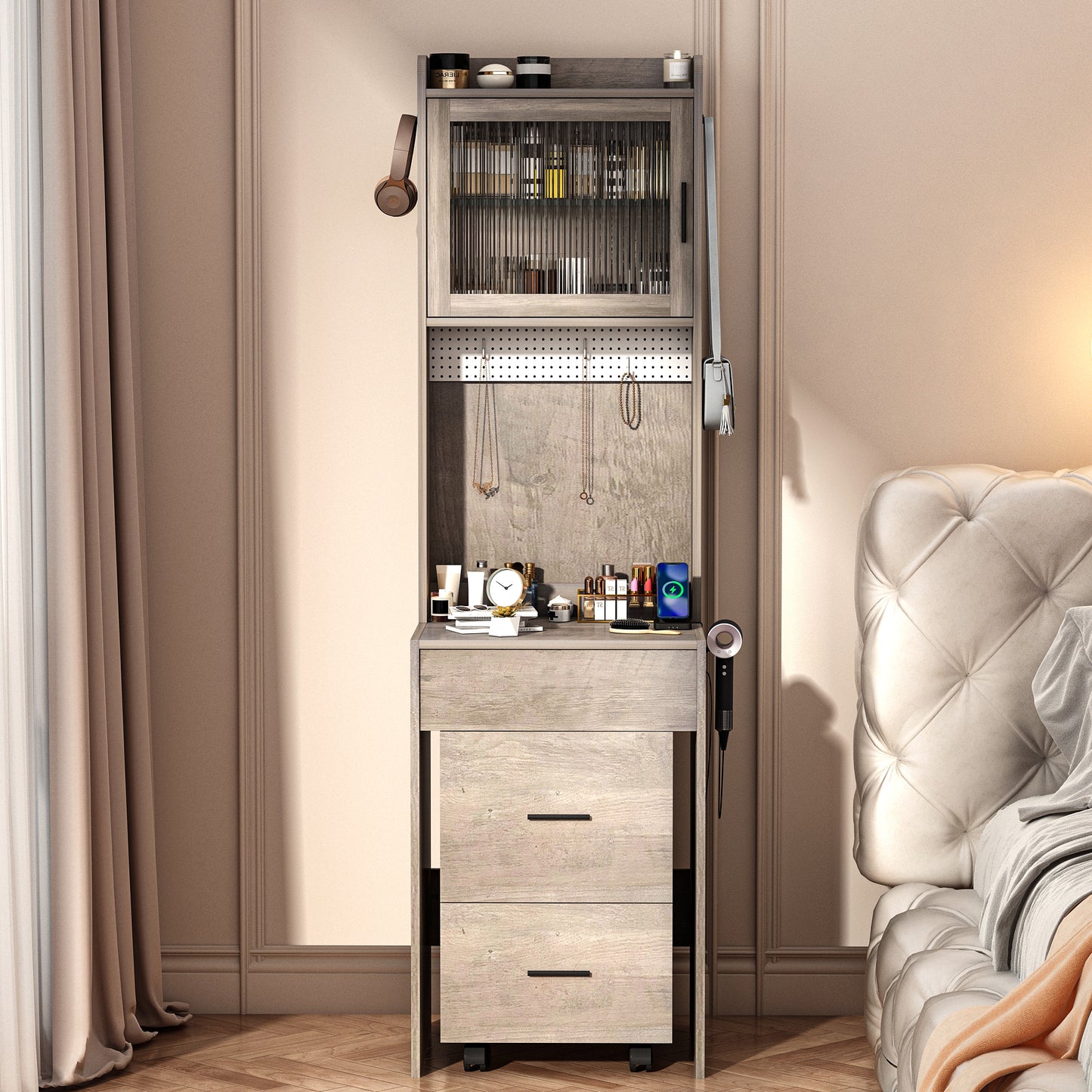 Compact Vanity Desk with Mirror, LED Lights, Charging Station & Stool, White