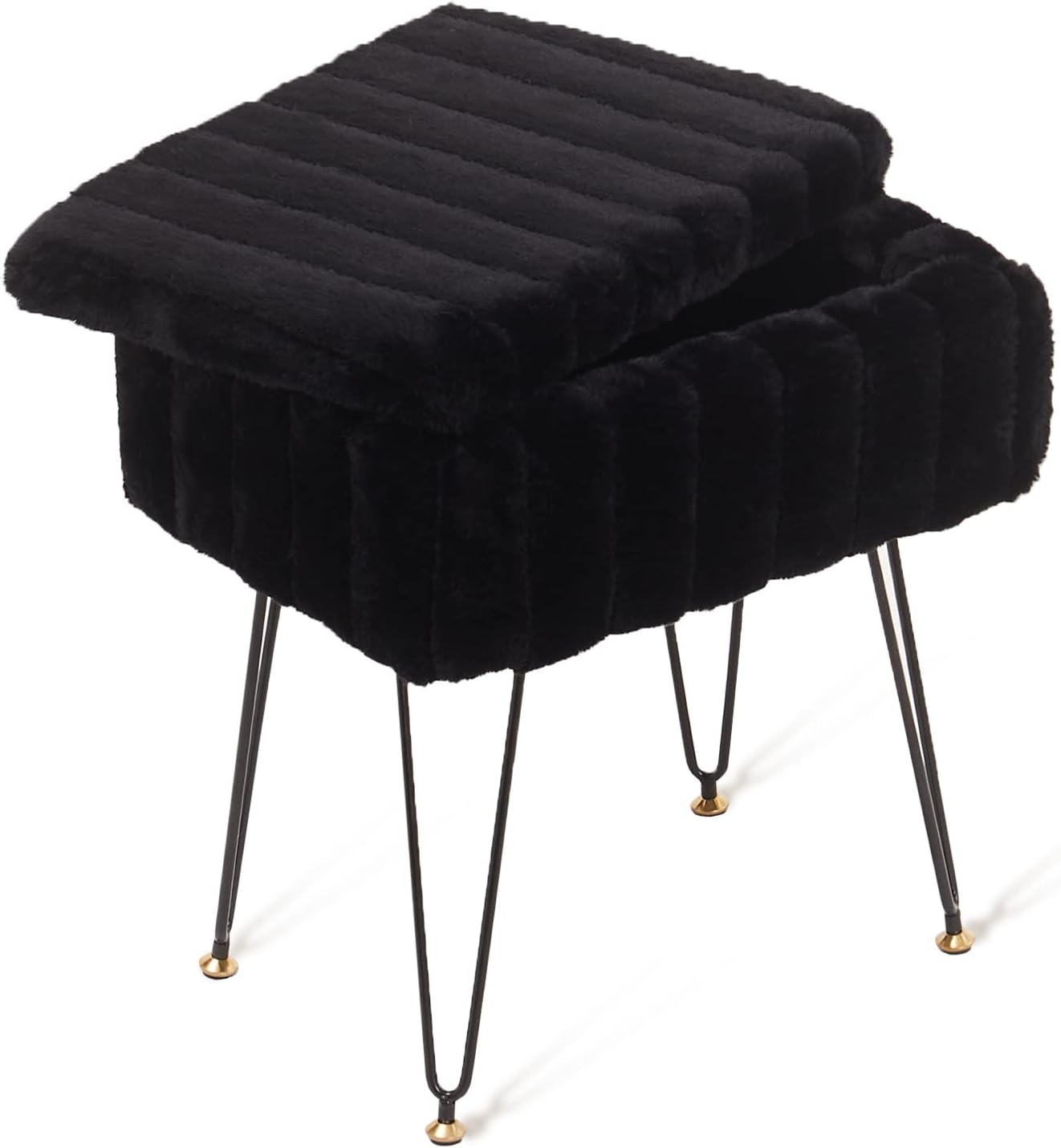 Faux Fur Ottoman with Storage – Vanity Stool & Footrest for Bedroom, Black