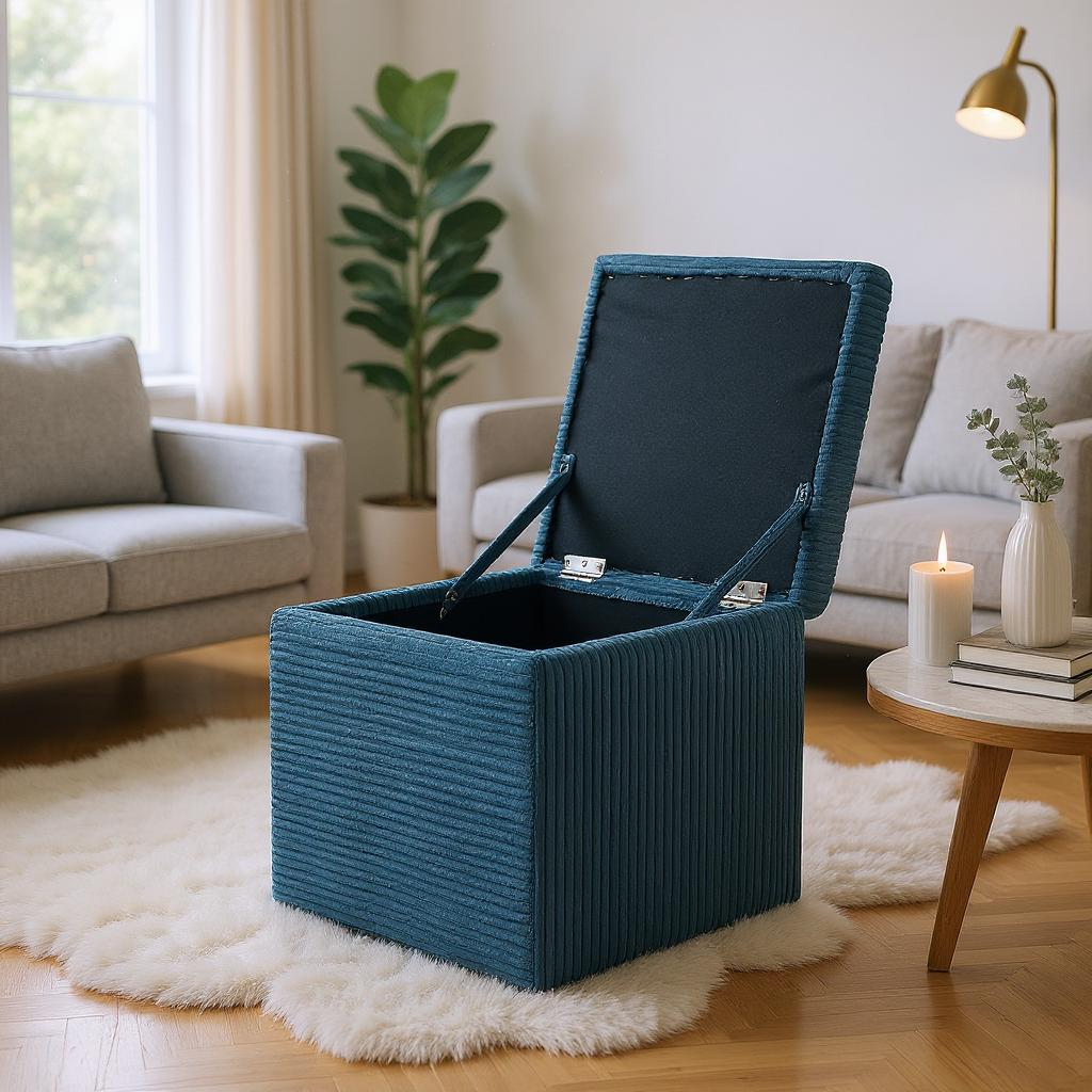 Blue Corduroy Storage Ottoman with Hidden Compartment – 16.5” Cube Seat