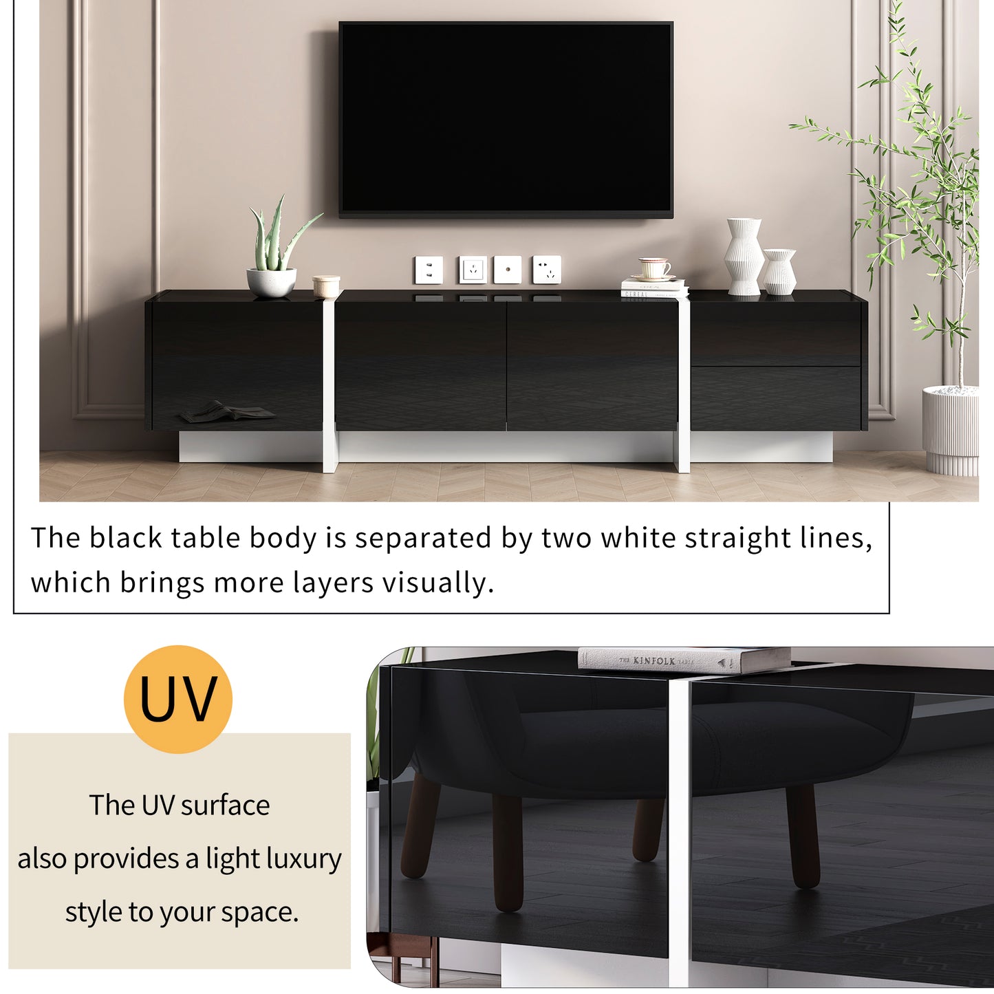 Modern Black & White TV Stand, Fits TVs Up to 80'', High Gloss Cabinet