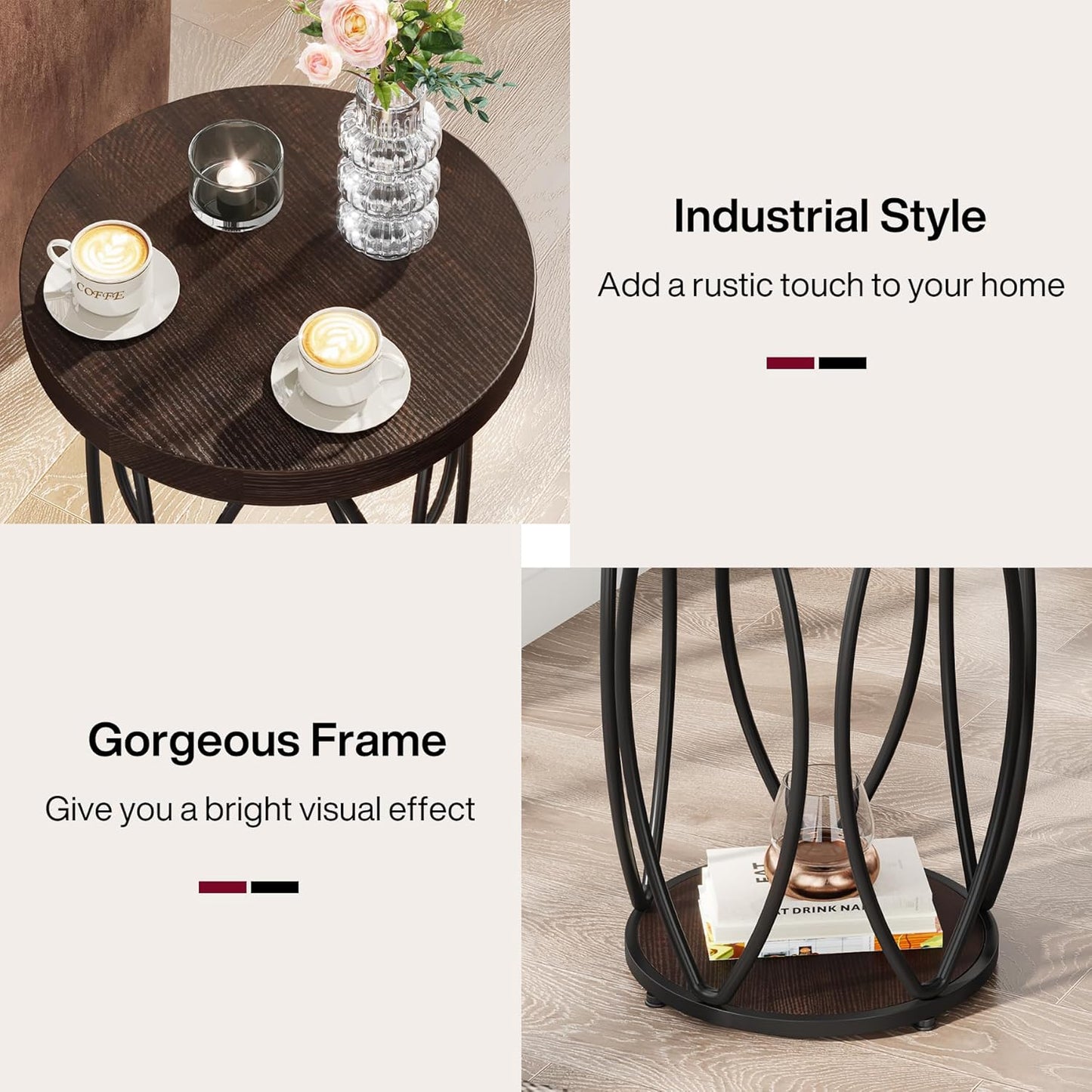 Rustic Round Coffee Table with Metal Frame & Storage Shelf – Industrial Side Table