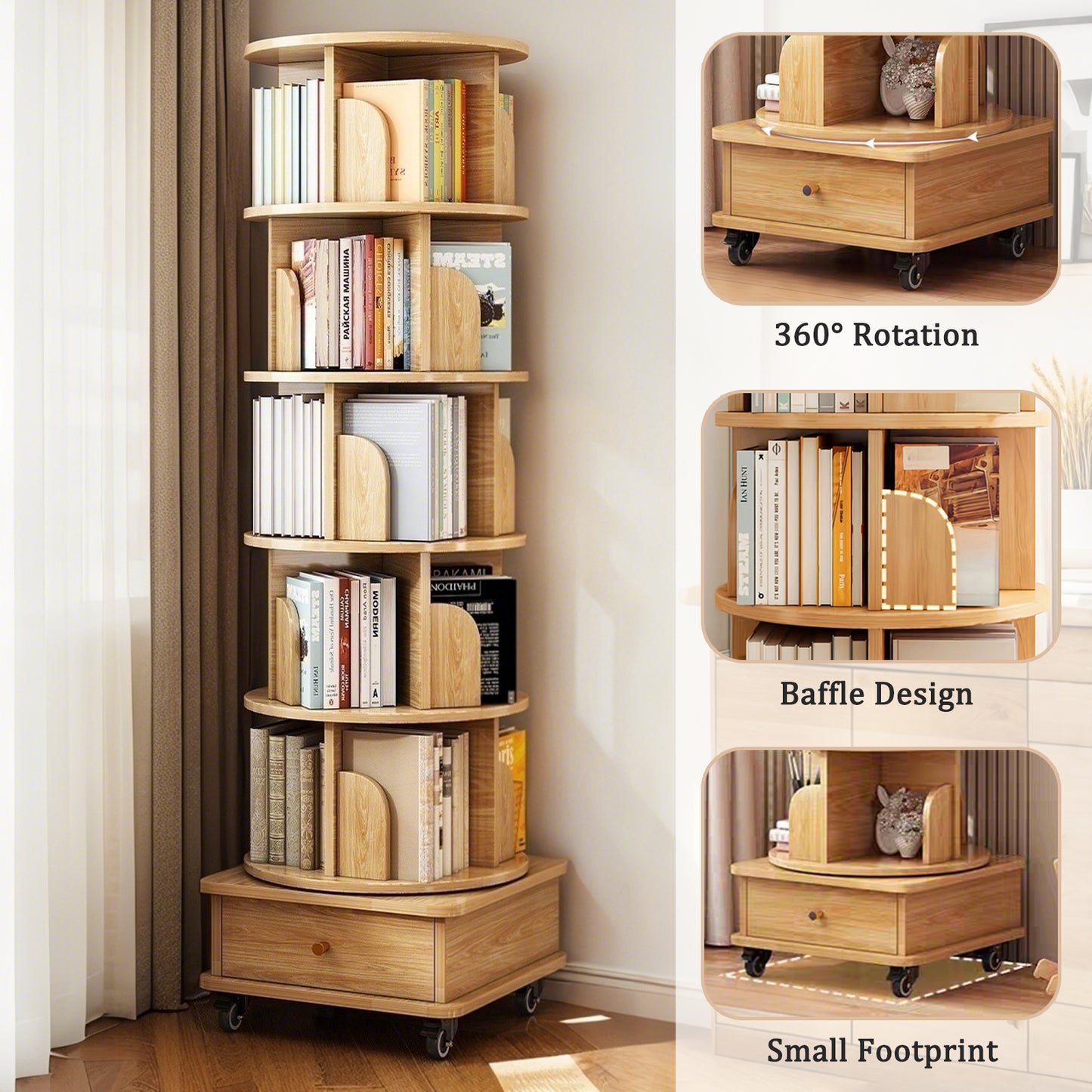 6-Tier 360° Rotating Bookshelf with Wheels & Drawer, Space-Saving Wood Color