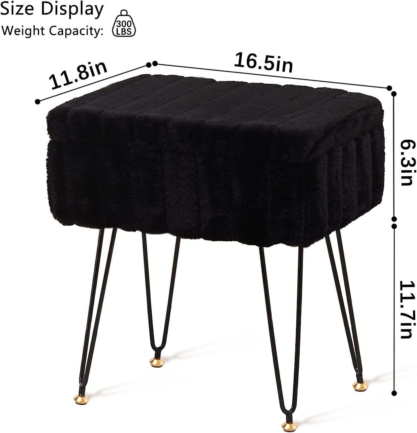 Faux Fur Ottoman with Storage – Vanity Stool & Footrest for Bedroom, Black