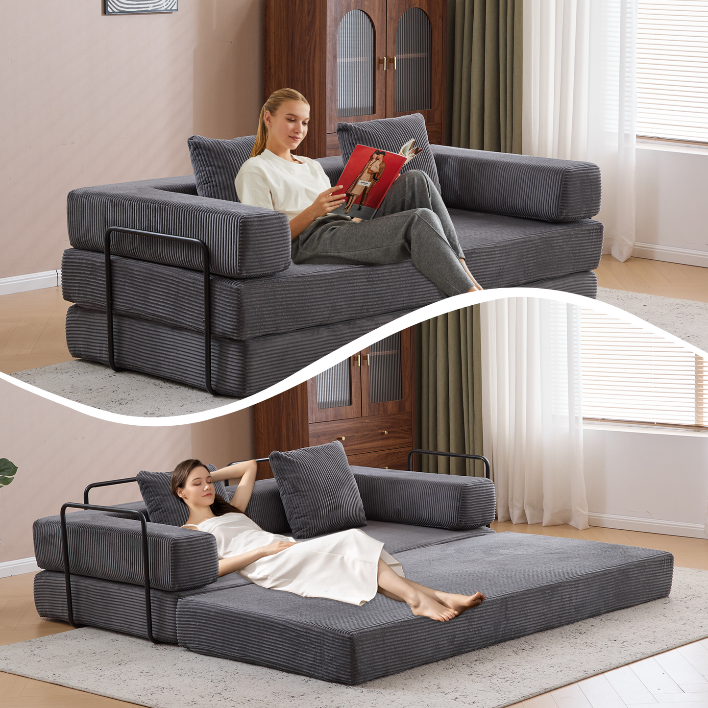 Convertible Corduroy Futon Sofa Bed – Foldable Floor Couch with Sponge Padding