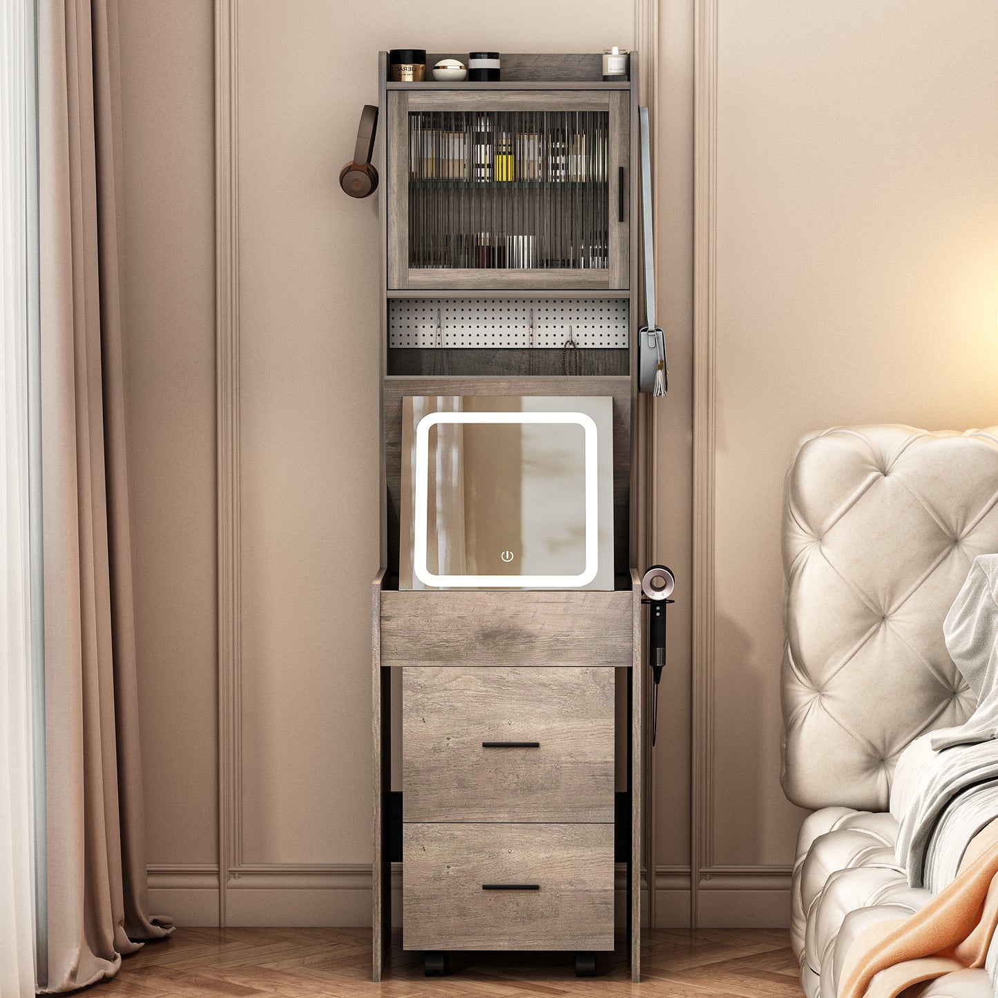 Compact Vanity Desk with Mirror, LED Lights, Charging Station & Stool, White