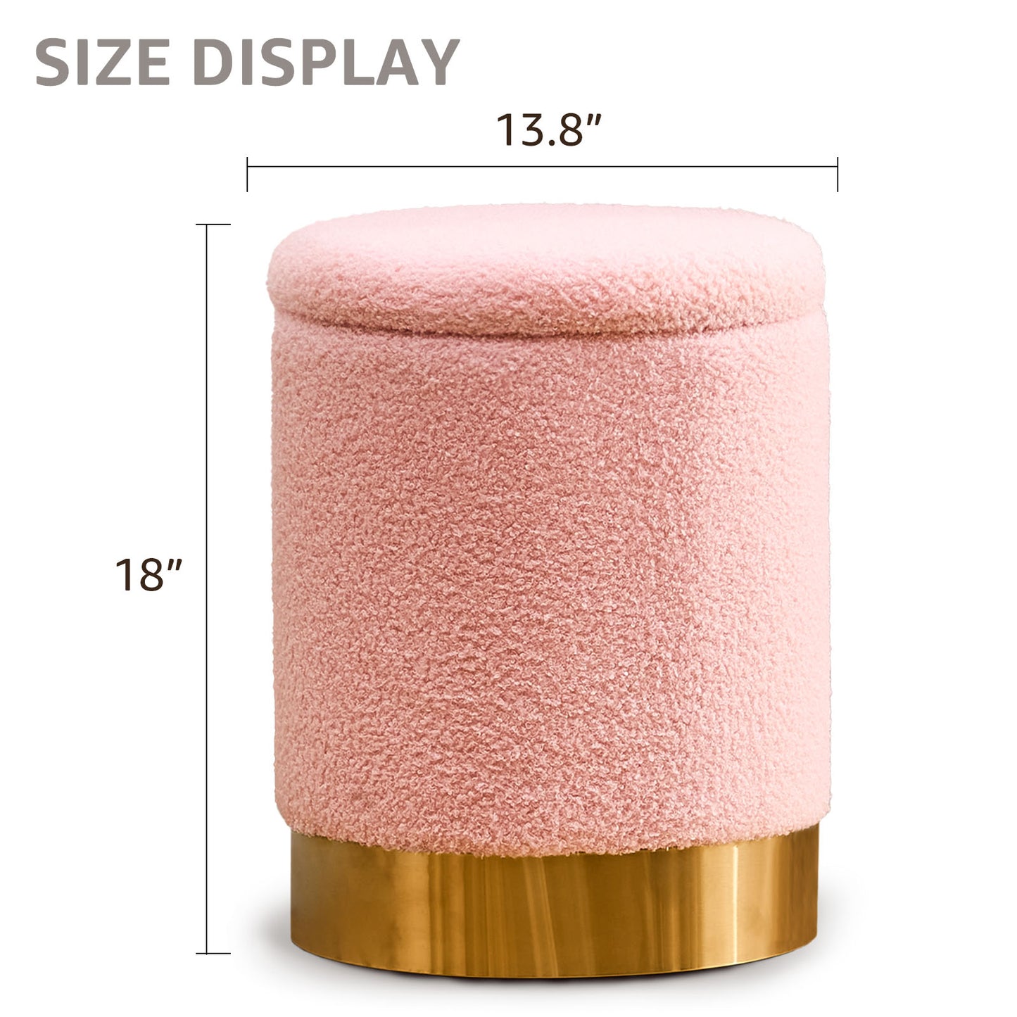 Teddy Velvet Round Ottoman Stool with Storage, Padded Seat, Metal Base, Pink