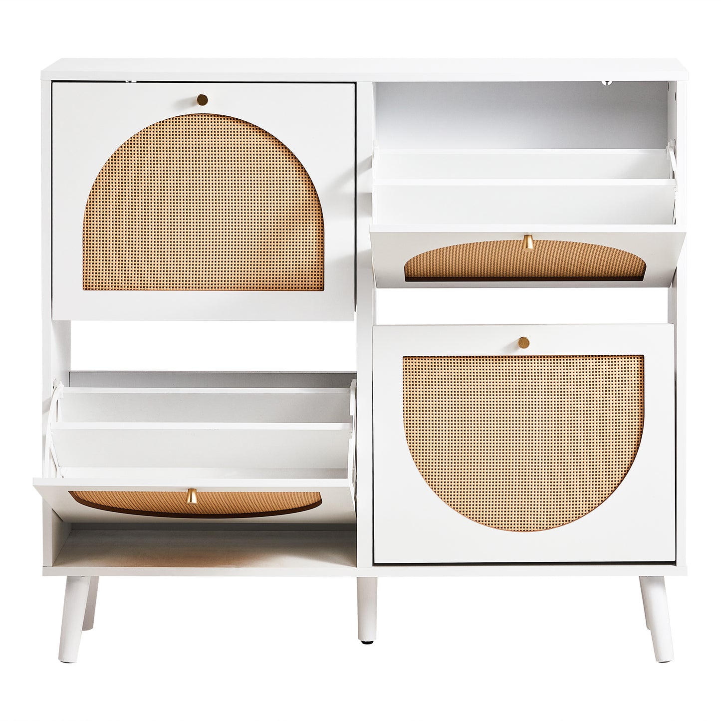 2-Row 4-Bucket Rattan Shoe Cabinet, White & Wood Finish w/ Gold High Legs