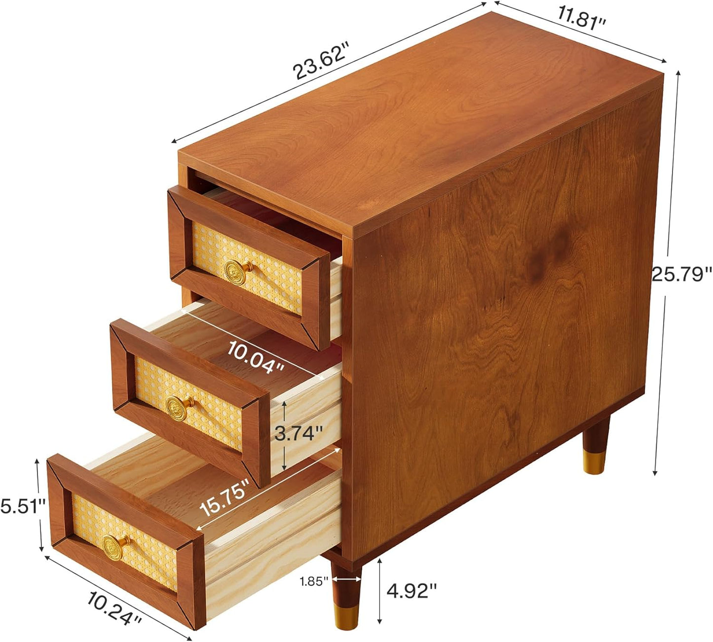 Solid Wood Coffee Table with 3 Rattan Drawers – Rustic Boho Accent End Table