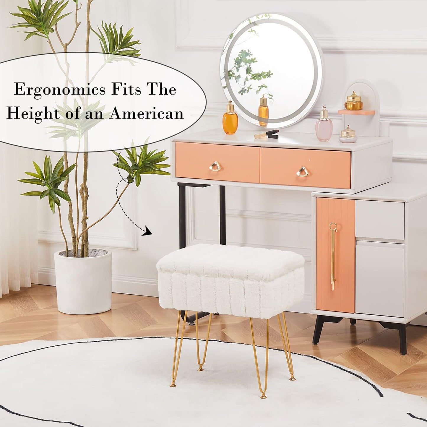 Faux Fur Ottoman with Storage – Vanity Stool & Footrest for Bedroom, Cream