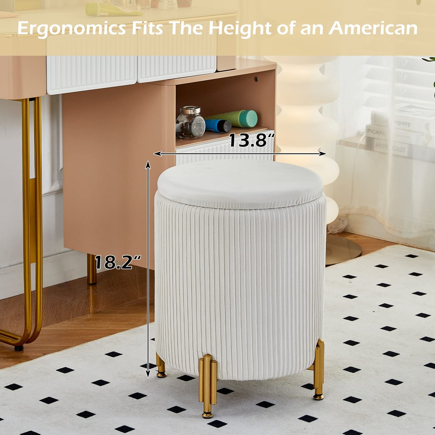 Velvet Round Ottoman Foot Stool with 23Qt Storage, 300lbs Support, Padded Seat