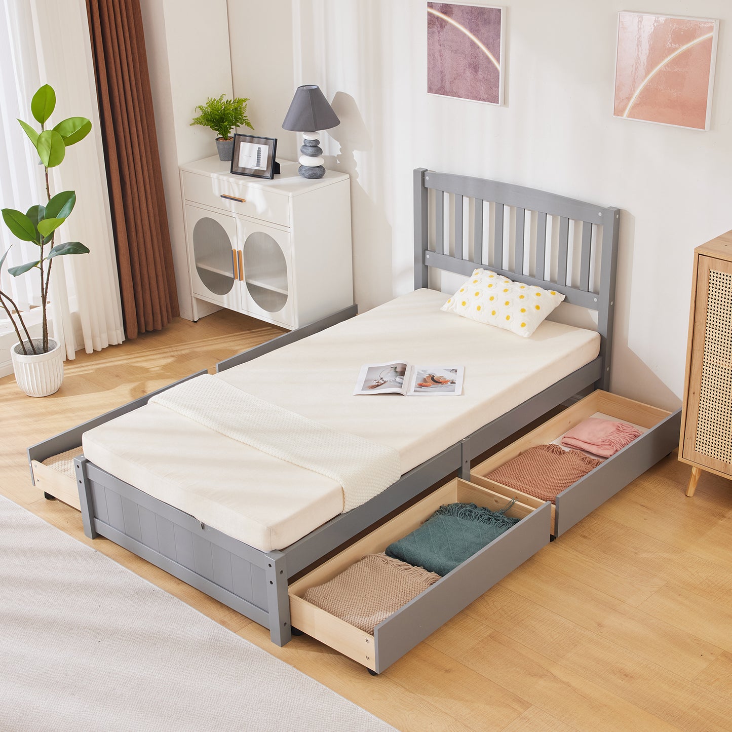 Twin Pine Wood Platform Bed with 4 Storage Drawers & Curved Headboard – Gray