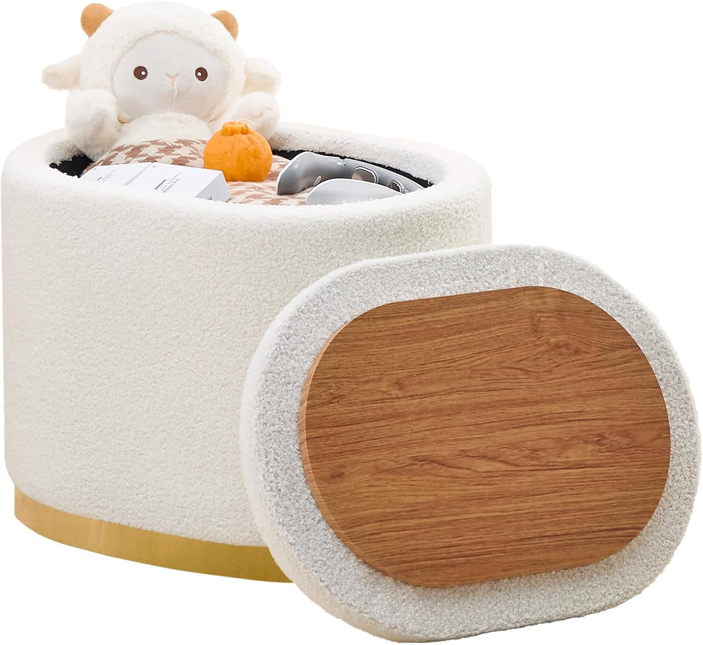 Round Storage Ottoman with Flip-Top Lid – White Upholstered Stool