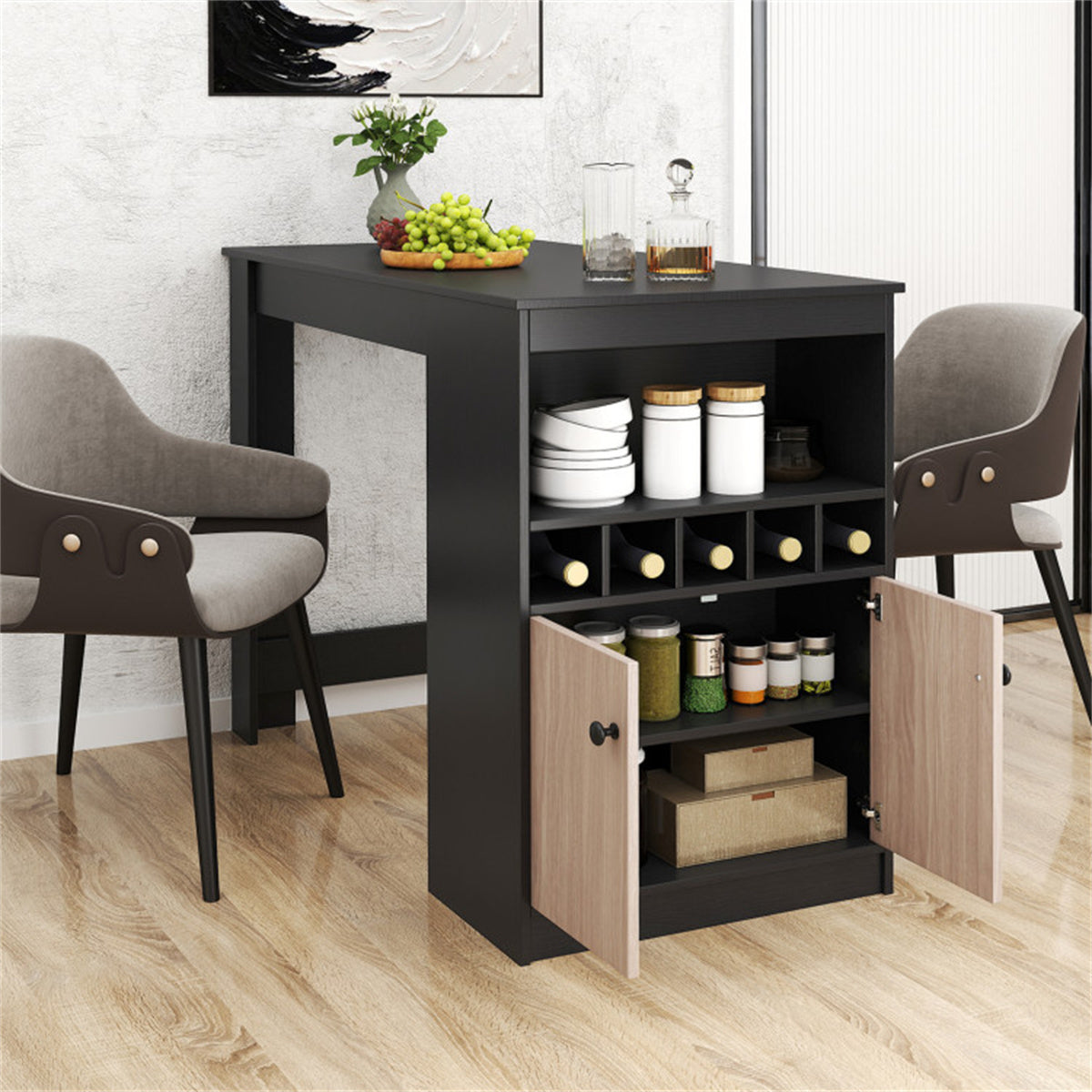 48" Black Kitchen Bar Table with Storage Cabinet and Built-In Wine Rack