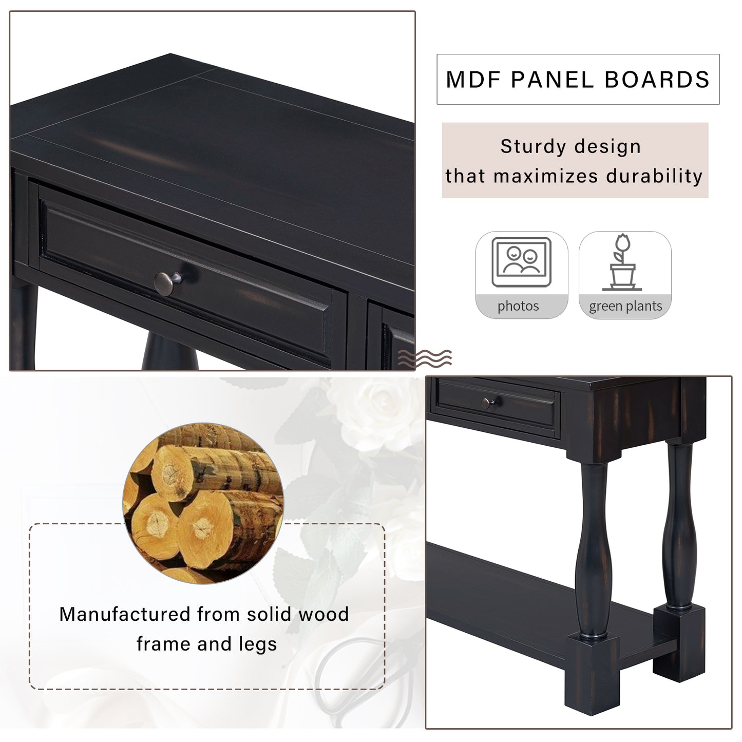 63" Black Console Table with Drawers & Shelf for Entryway, Hallway, Living Room