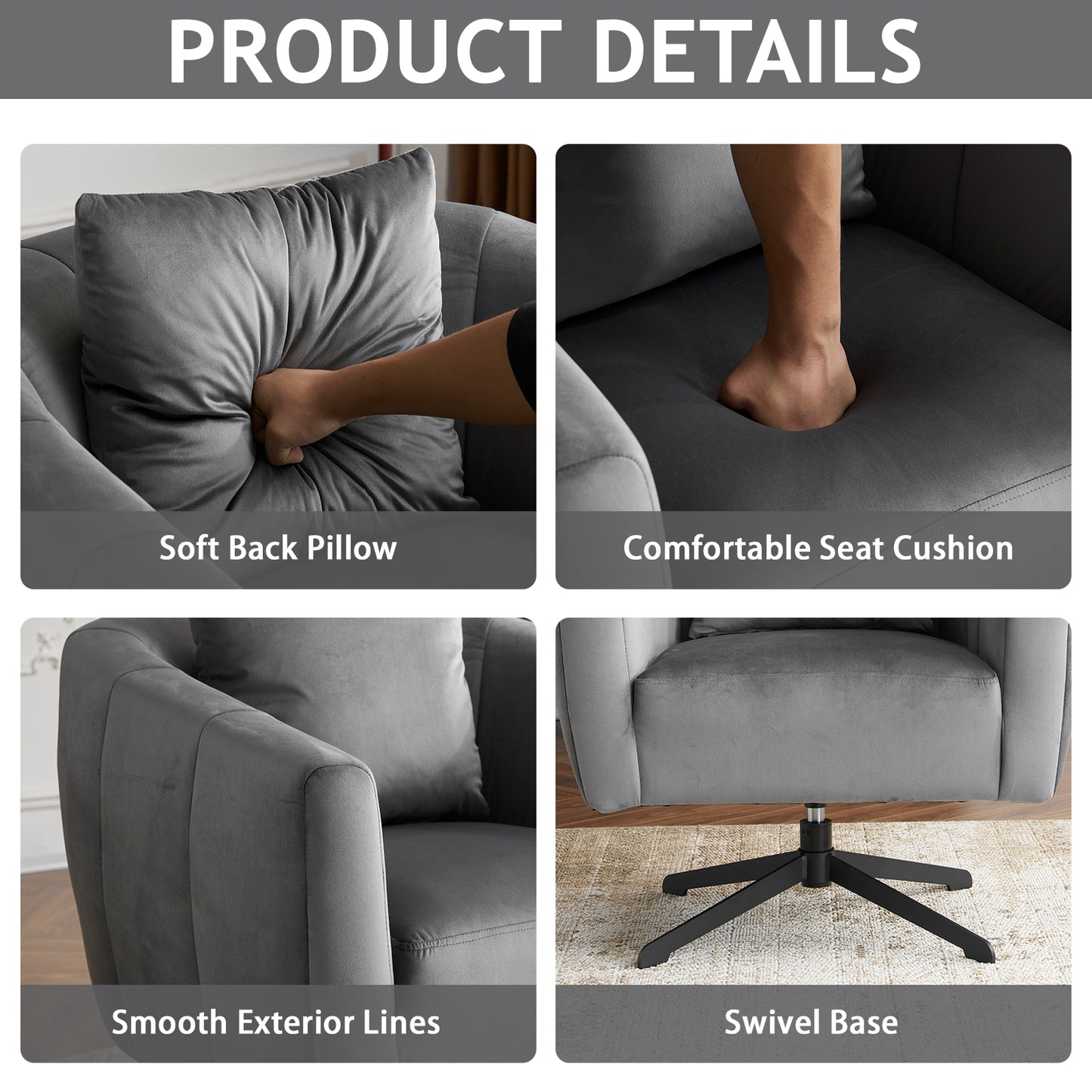 360° Swivel Velvet Accent Chair with Fluffy Cushion – Gray