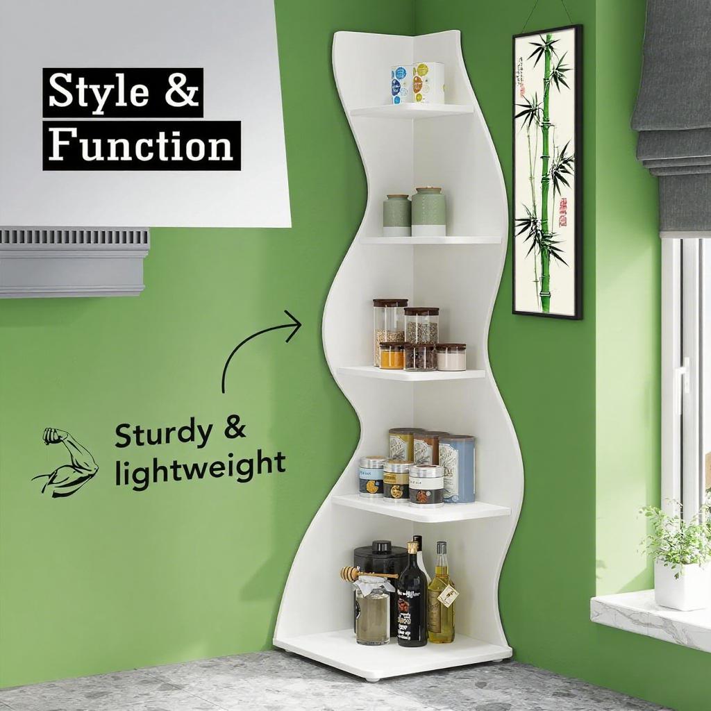 Bookcase Wavy 5-Tier White Corner Bookshelf – Modern Sculpted Storage Rack