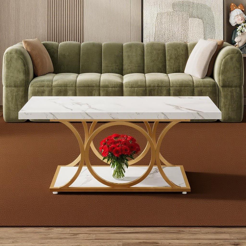 White Marble Coffee Table with Gold Frame – Luxury Modern Living Room Table