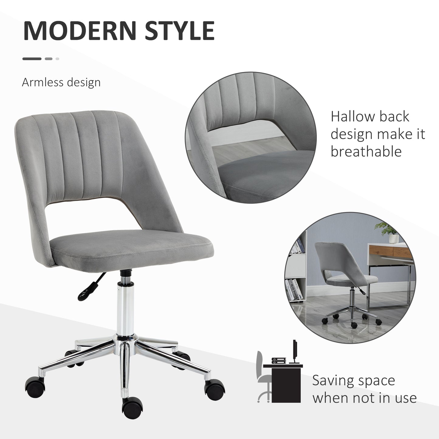 Modern Grey Velvet Office Chair – Adjustable Height, Swivel Base & Scallop Backrest