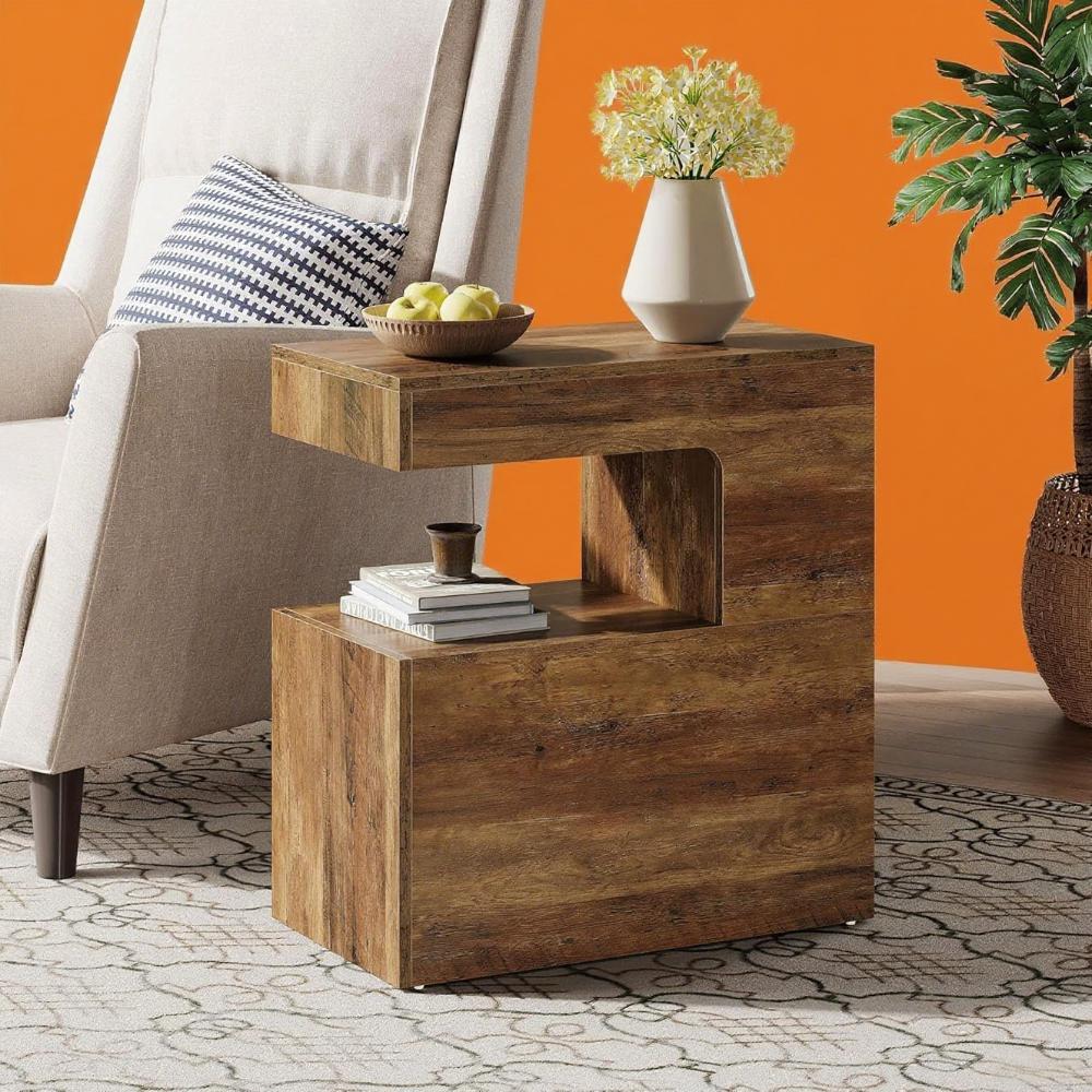 C-Shaped End Table with Shelf – Rustic Side Coffee Table for Couch, Bed & Living Room