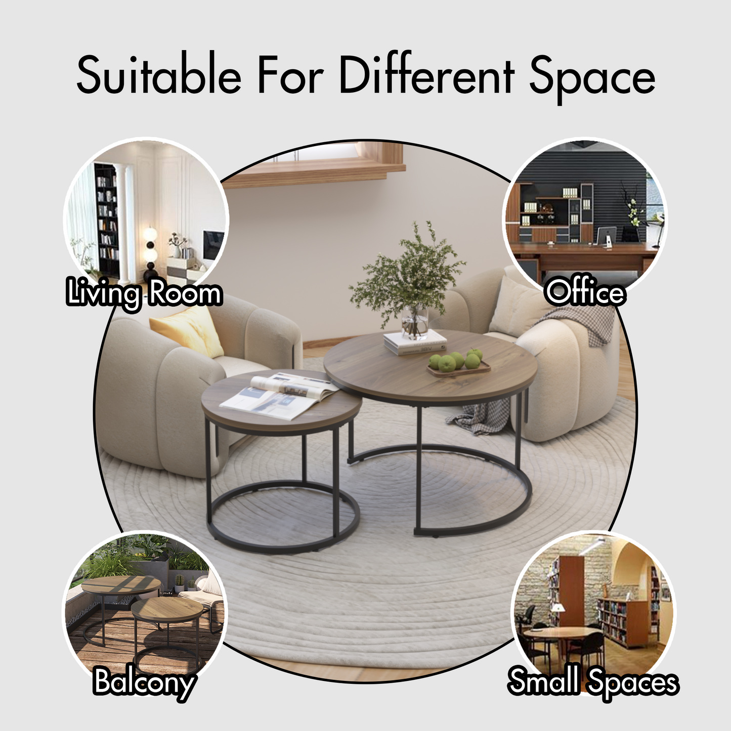 Round Nesting Coffee Table Set of 2 with Marble Top & Metal Frame – Modern Living Room