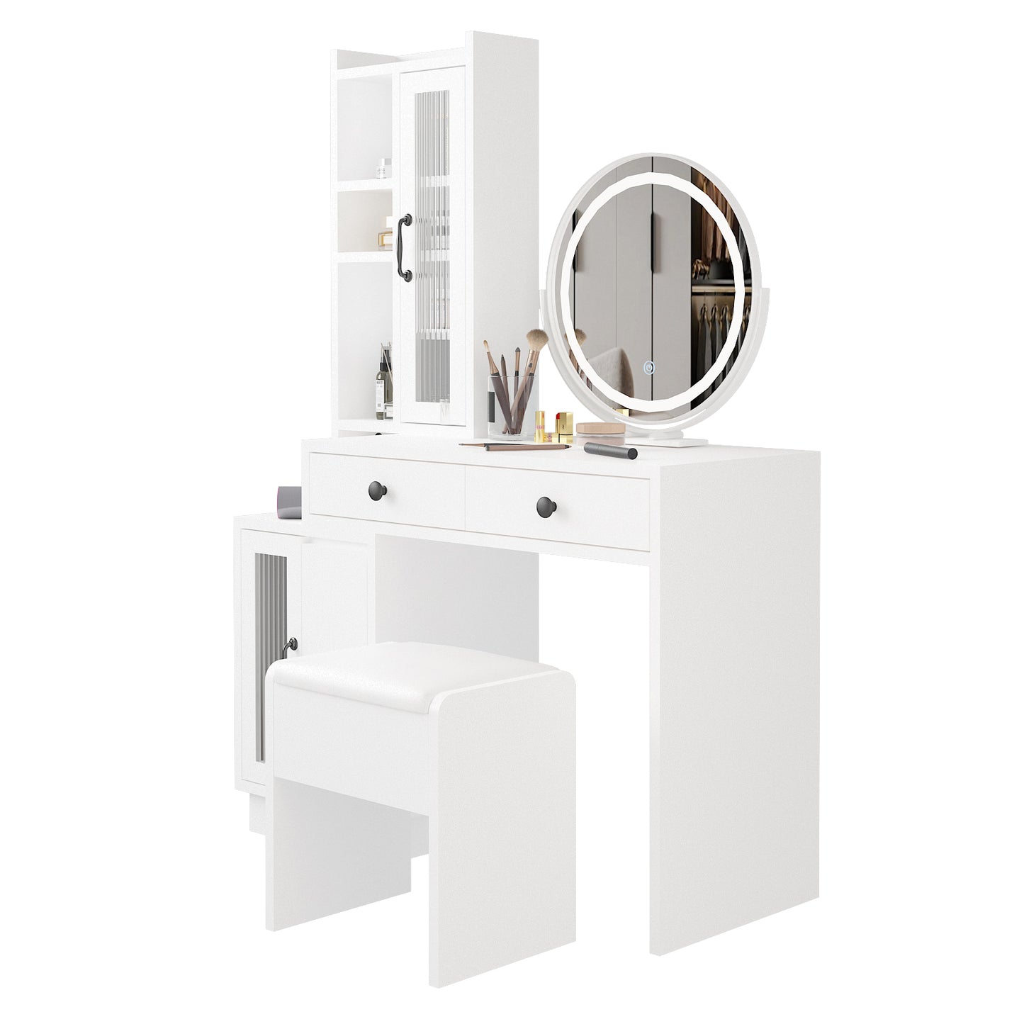 Modern Vanity Table Set w/ LED Mirror, Side Cabinet & Outlets, 3 Lights