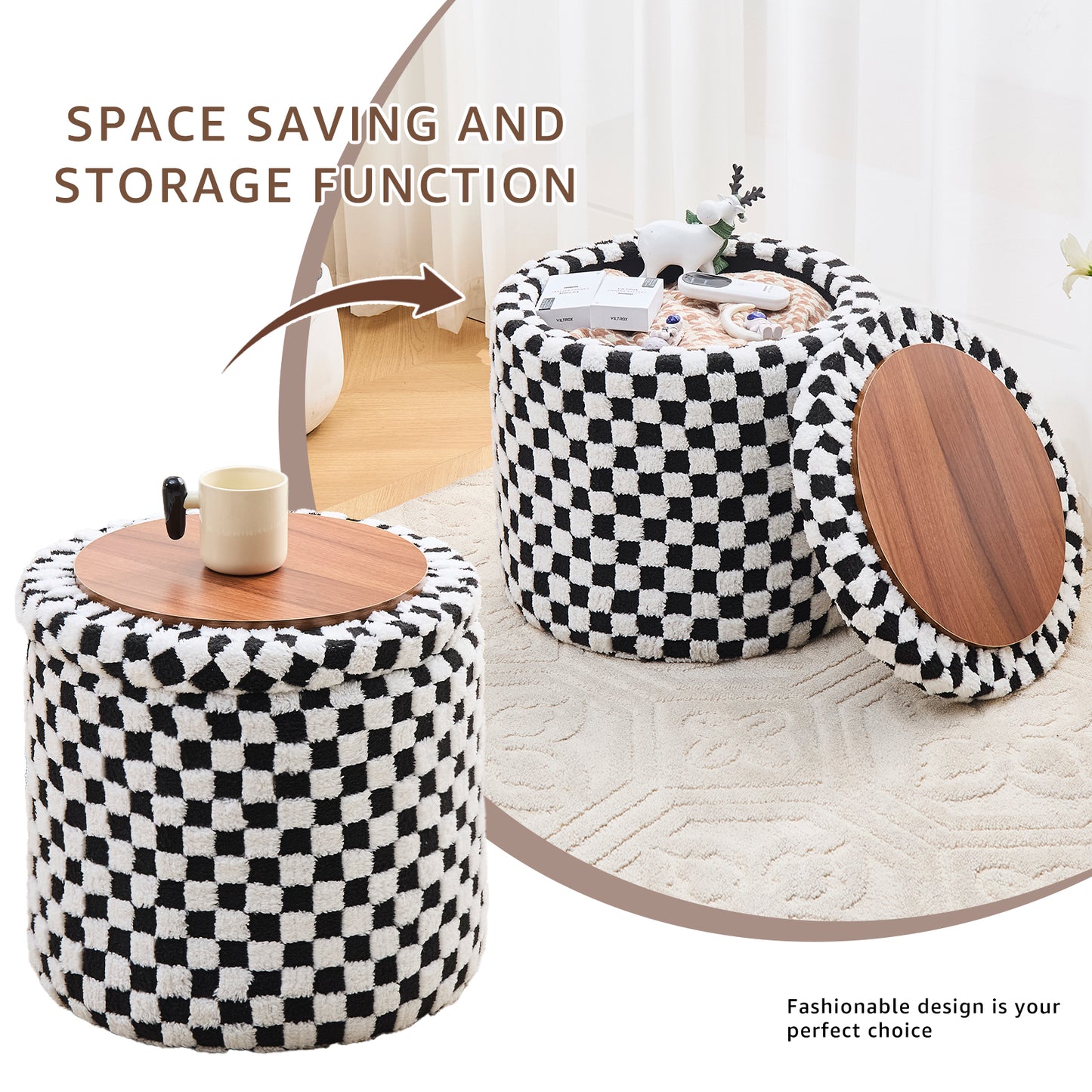 Round Black Faux Fur Ottoman with Storage – Footrest for Bedroom or Vanity