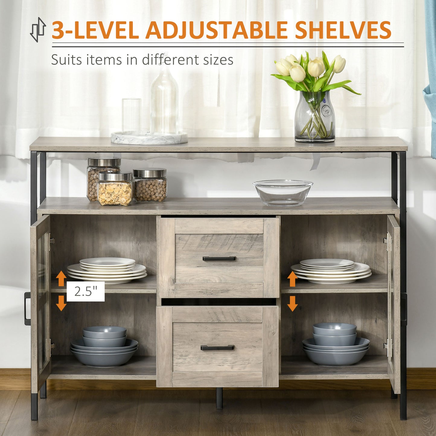 47" Industrial Gray Sideboard with Cabinets, Drawers & Open Shelf Storage
