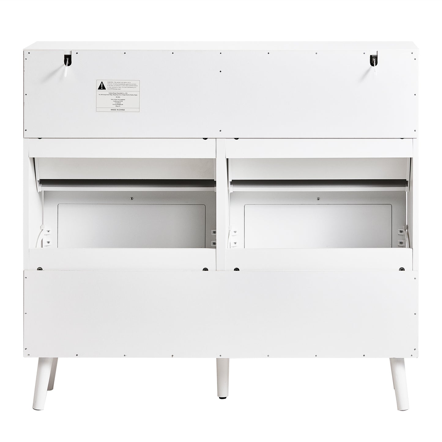 2-Row 4-Bucket Rattan Shoe Cabinet, White & Wood Finish w/ Gold High Legs