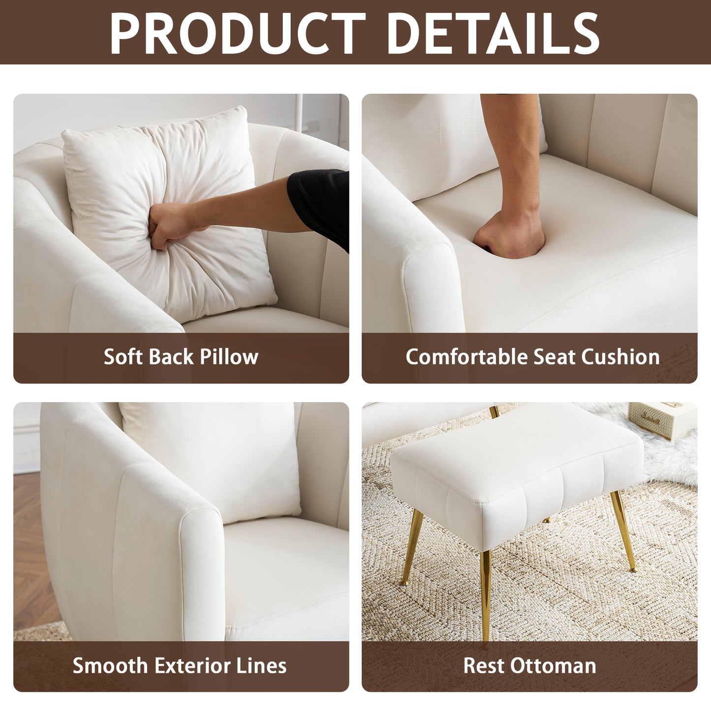 Velvet Barrel Chair with Ottoman & Lumbar Pillow – Off White  Accent Set