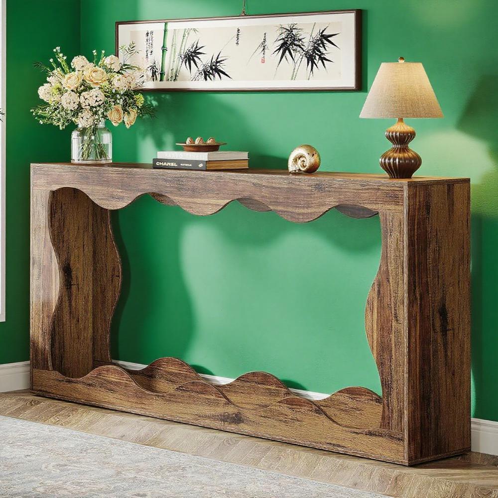 63" Farmhouse Wavy Scalloped Console Table – 2-Tier Entryway & Sofa Table