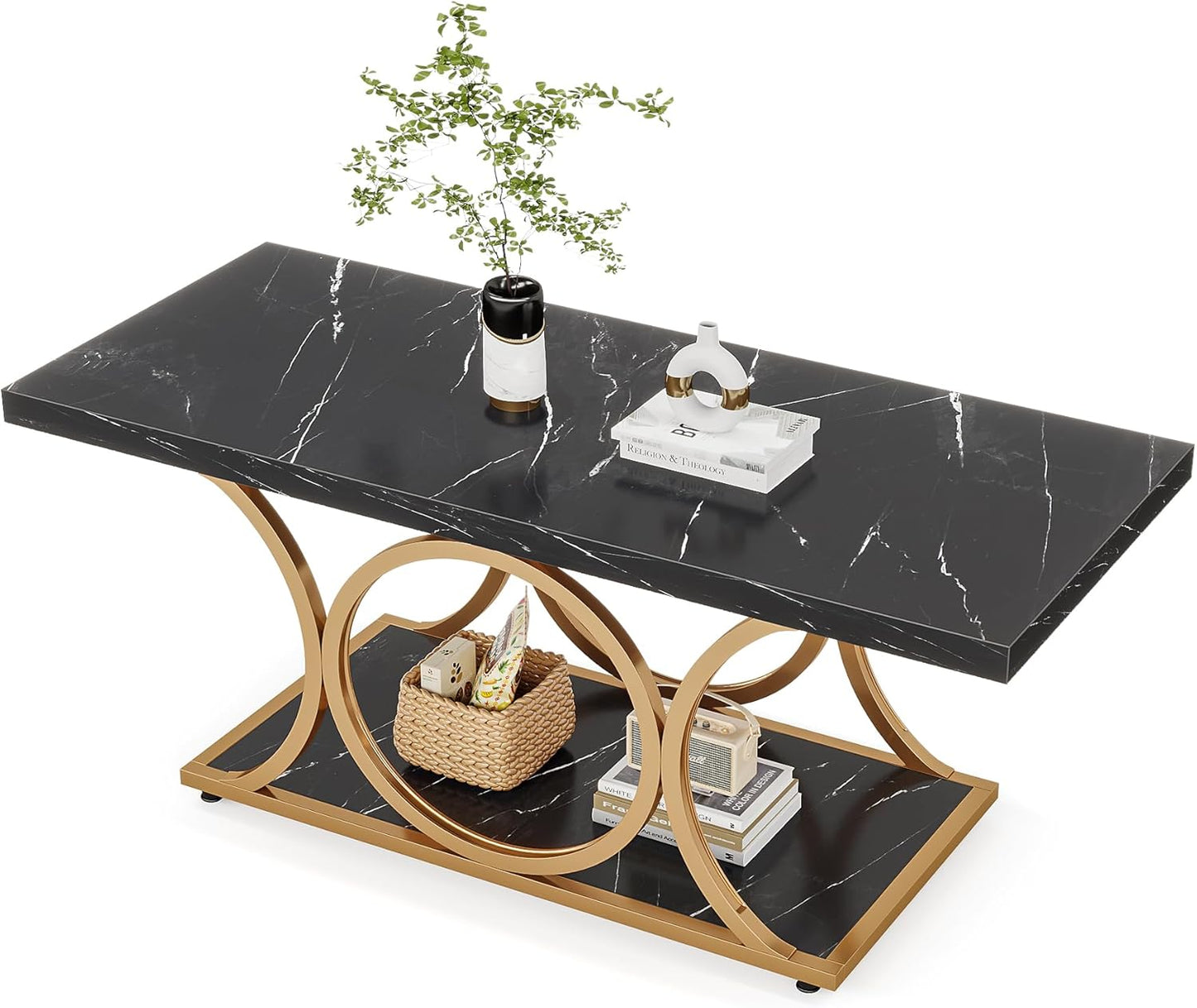 Rustic Black & Wood 2-Tier Coffee Table with Geometric Metal Base