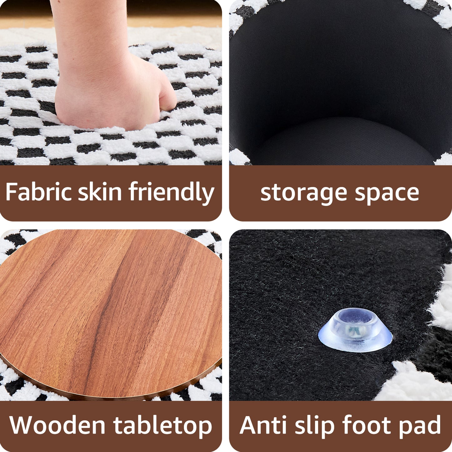 Round Black Faux Fur Ottoman with Storage – Footrest for Bedroom or Vanity