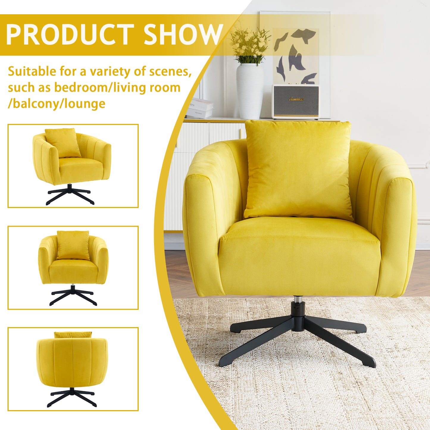 360° Swivel Velvet Accent Chair with Fluffy Cushion – Yellow