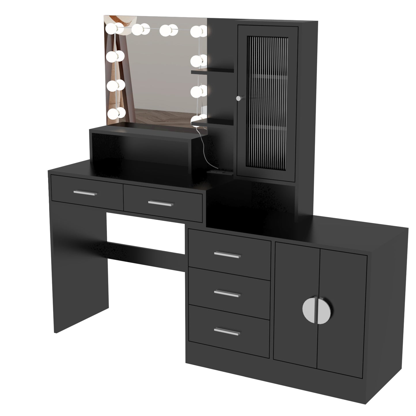 Large Vanity Table with Mirror, LED Lights, Drawers & Charging Station