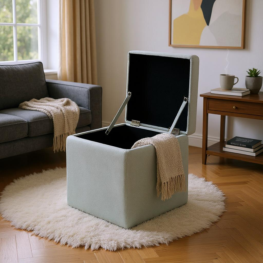 Gray Linen Storage Ottoman with Hidden Compartment – 16.5” Cube Seat
