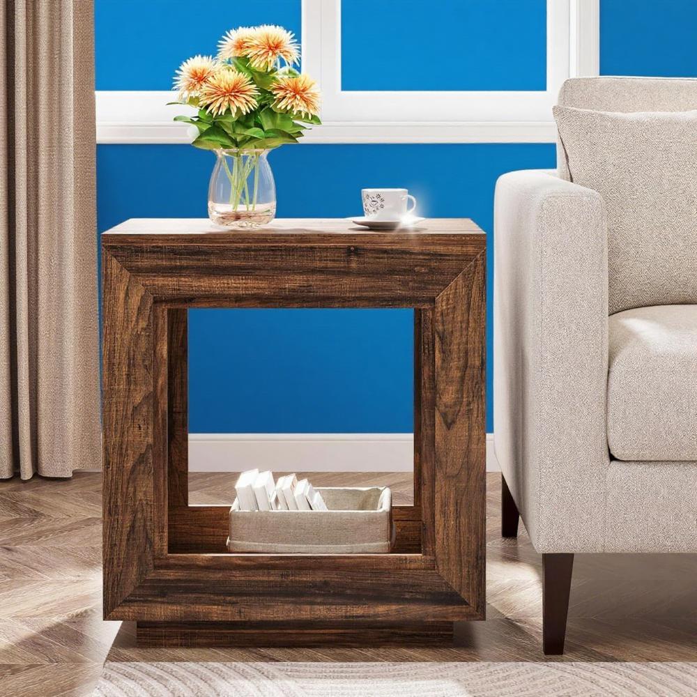 Rustic Farmhouse End Table with Shelf – Distressed Brown Coffee side Table