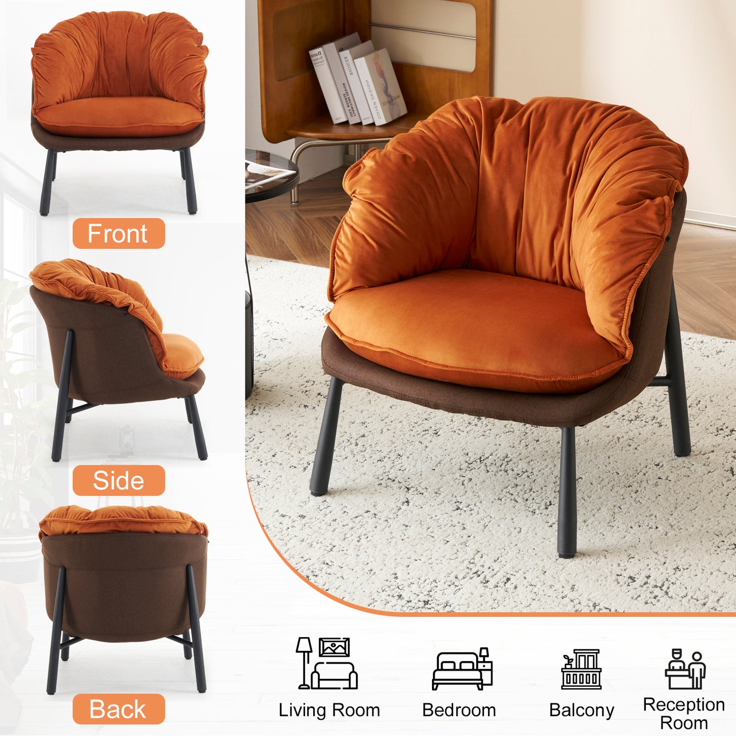 Modern Velvet Barrel Accent Chair with Metal Legs – Burnt Orange Armchair