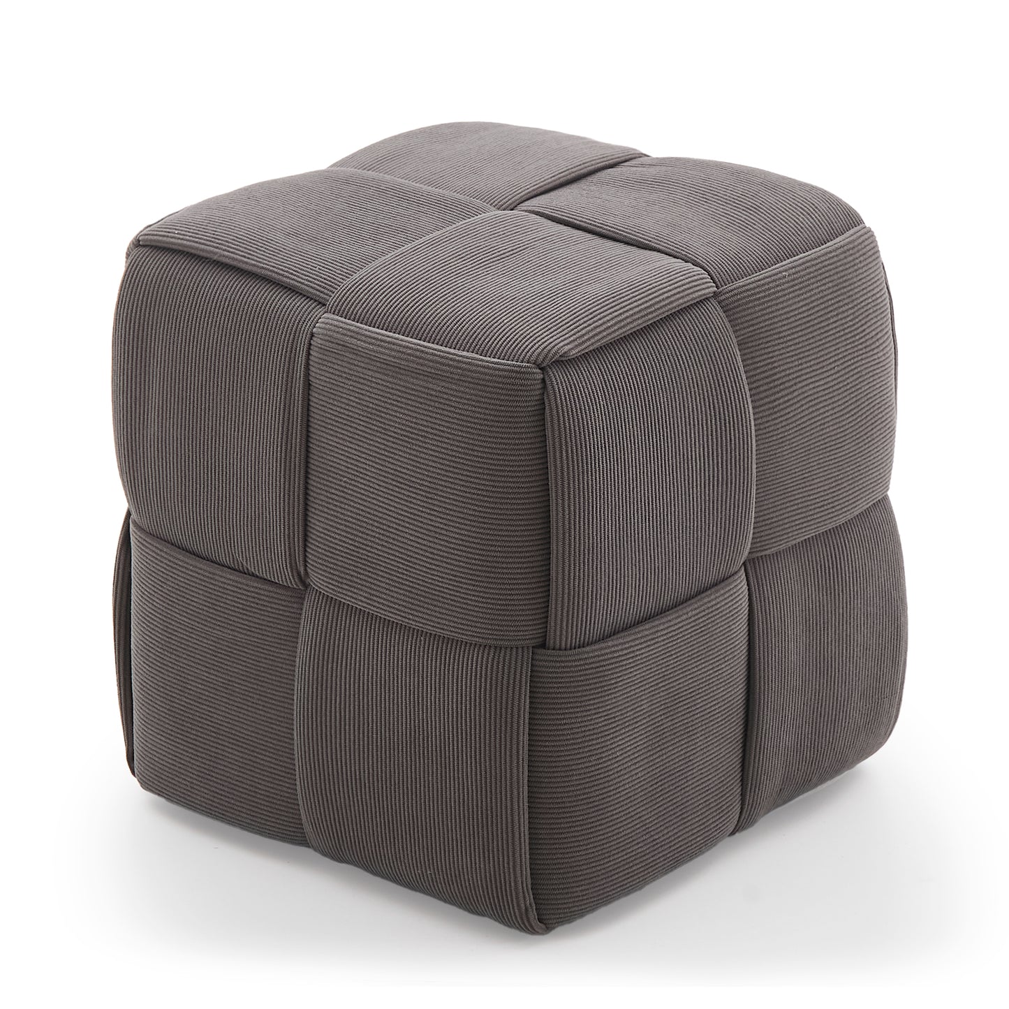 Grey Corduroy Ottoman Vanity Stool – Square Footrest for Bedroom & Entryway