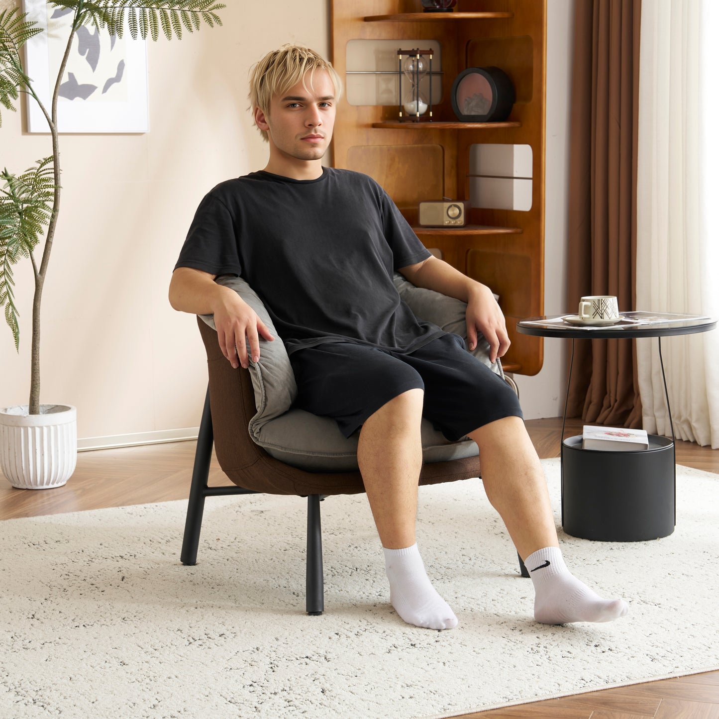 Modern Velvet Barrel Accent Chair with Metal Legs – Gray Armchair