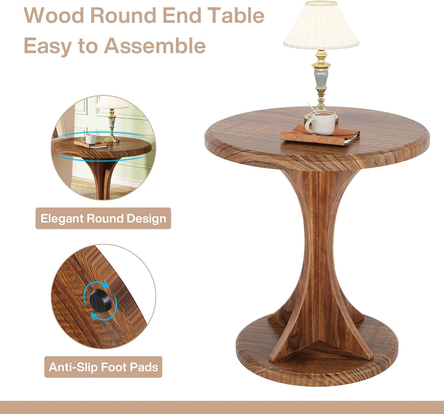 Rustic Round Wood Coffee Table with Hourglass Pedestal – Compact Vintage End Table