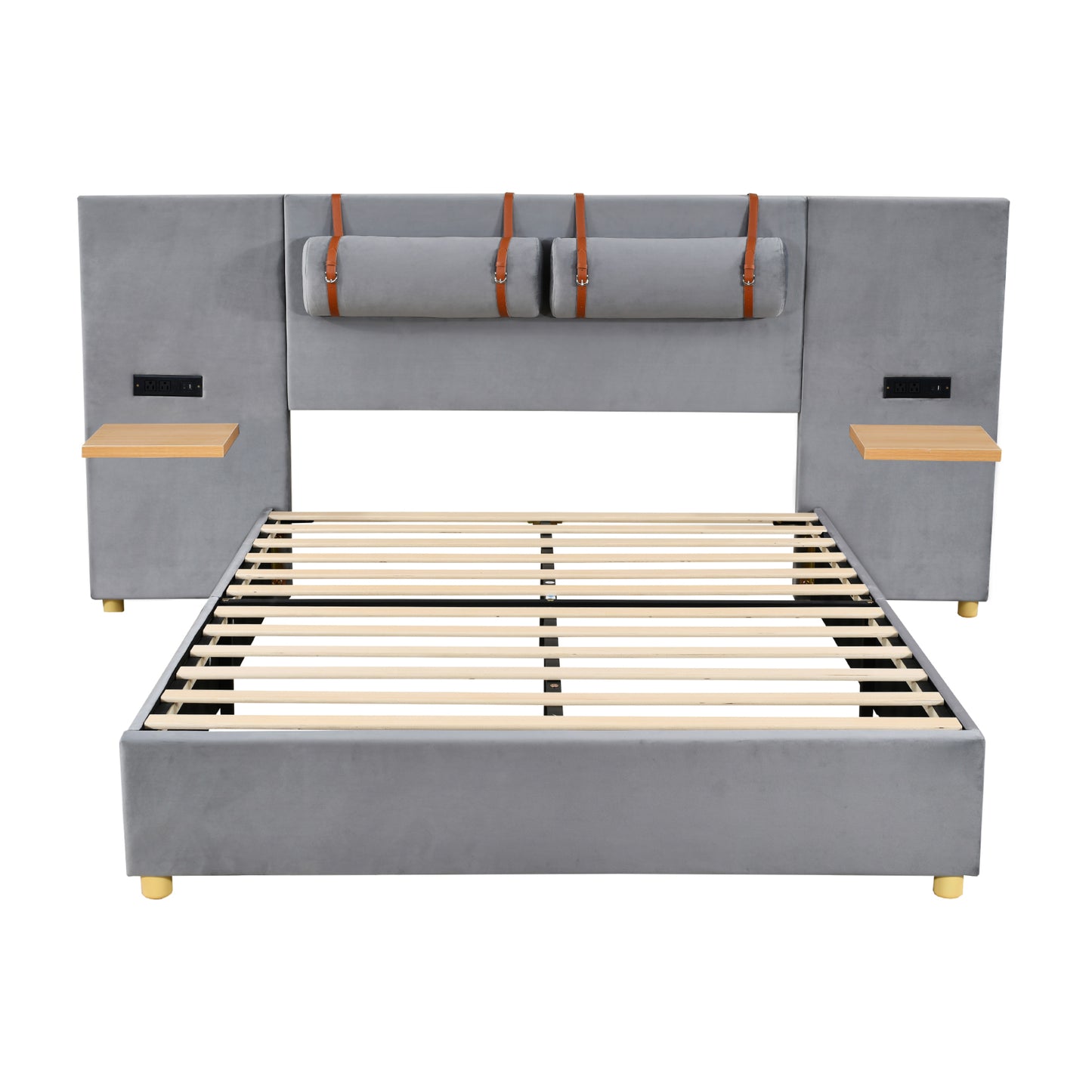 Queen Upholstered Platform Bed with USB Ports, Pillows & Storage Shelves – Gray