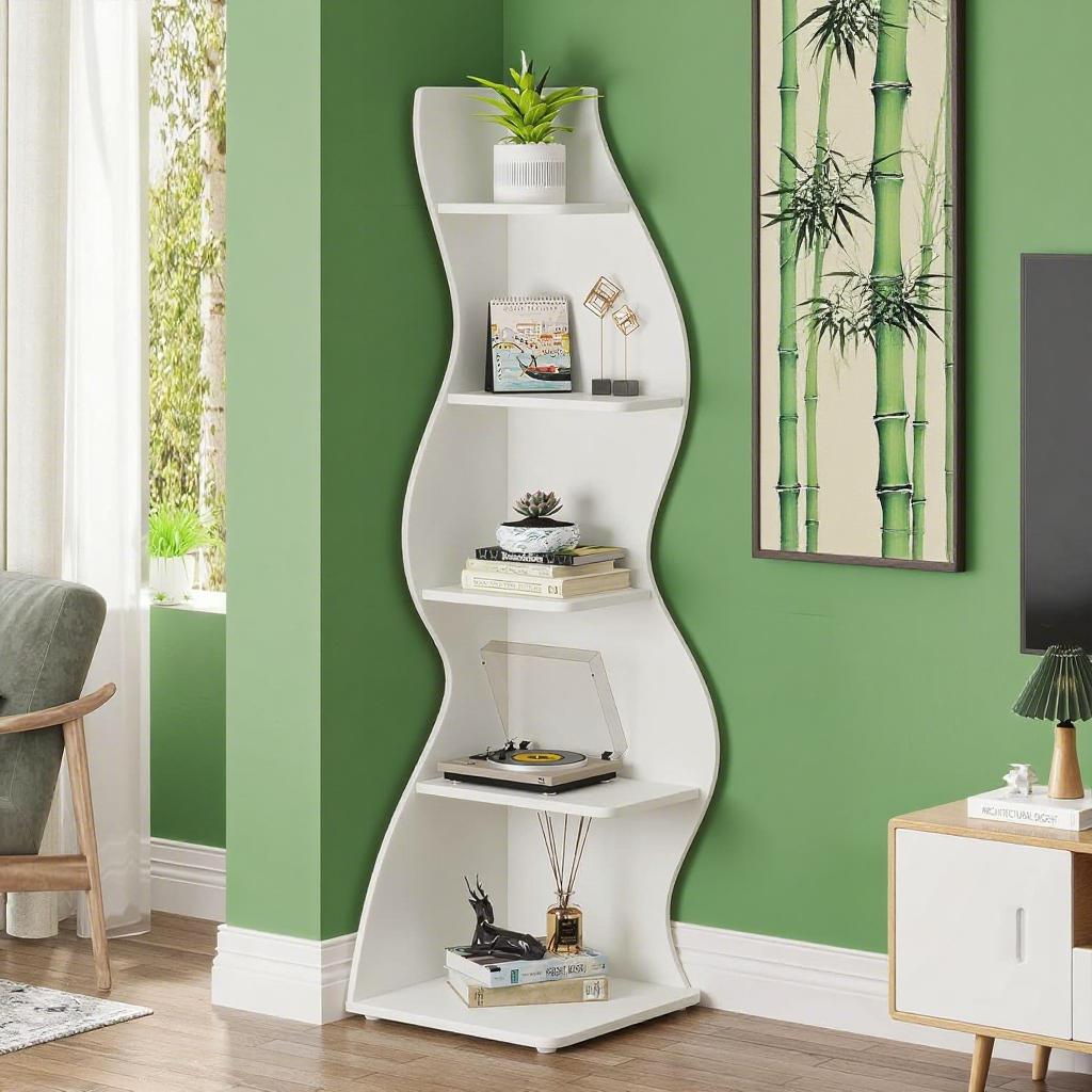 Bookcase Wavy 5-Tier White Corner Bookshelf – Modern Sculpted Storage Rack