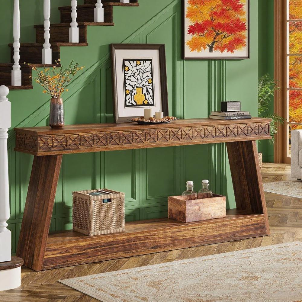 Dark Brown 2-Tier Long Console Table – Rustic Farmhouse Entryway & Sofa Display