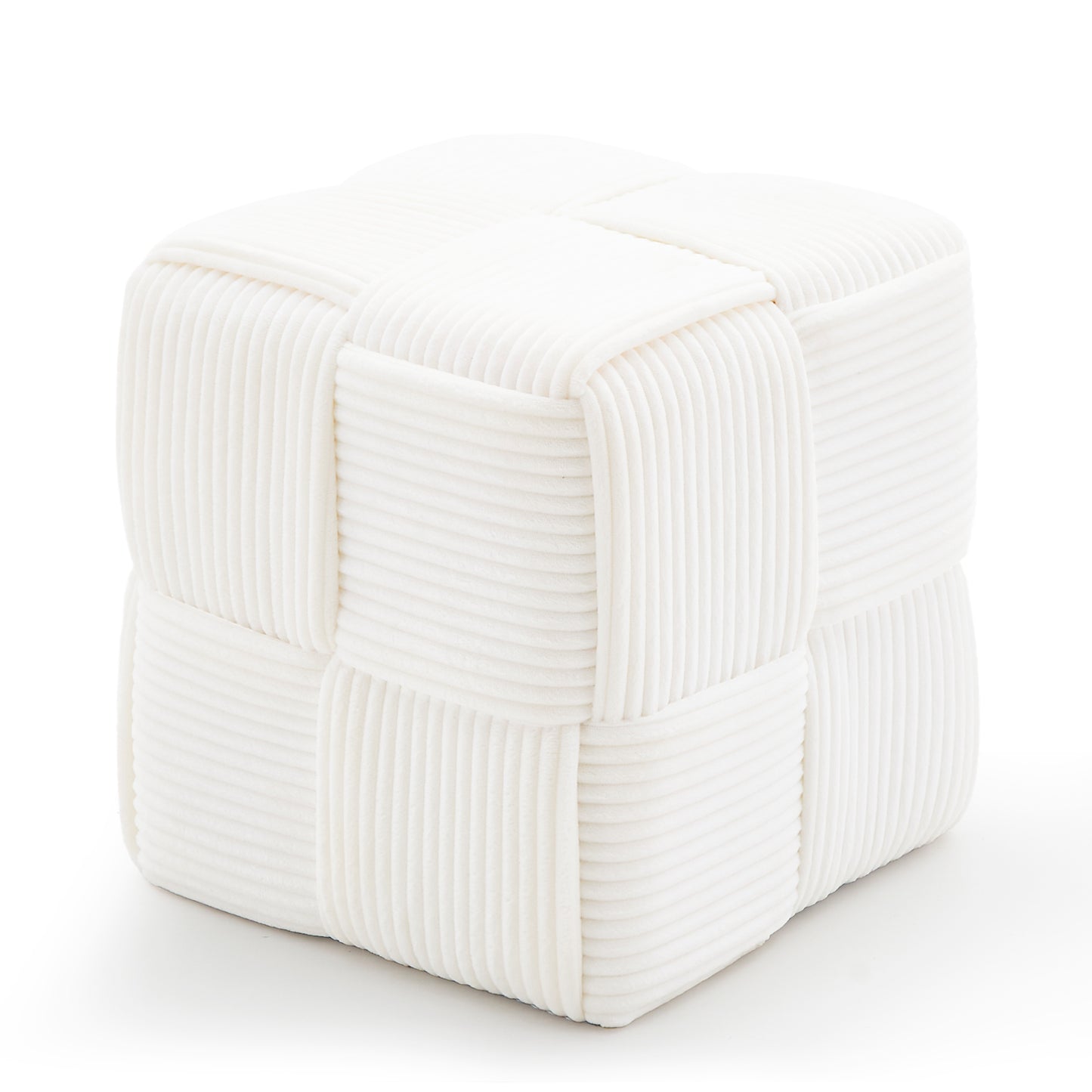 White Corduroy Ottoman Vanity Stool – Square Footrest for Bedroom & Entryway