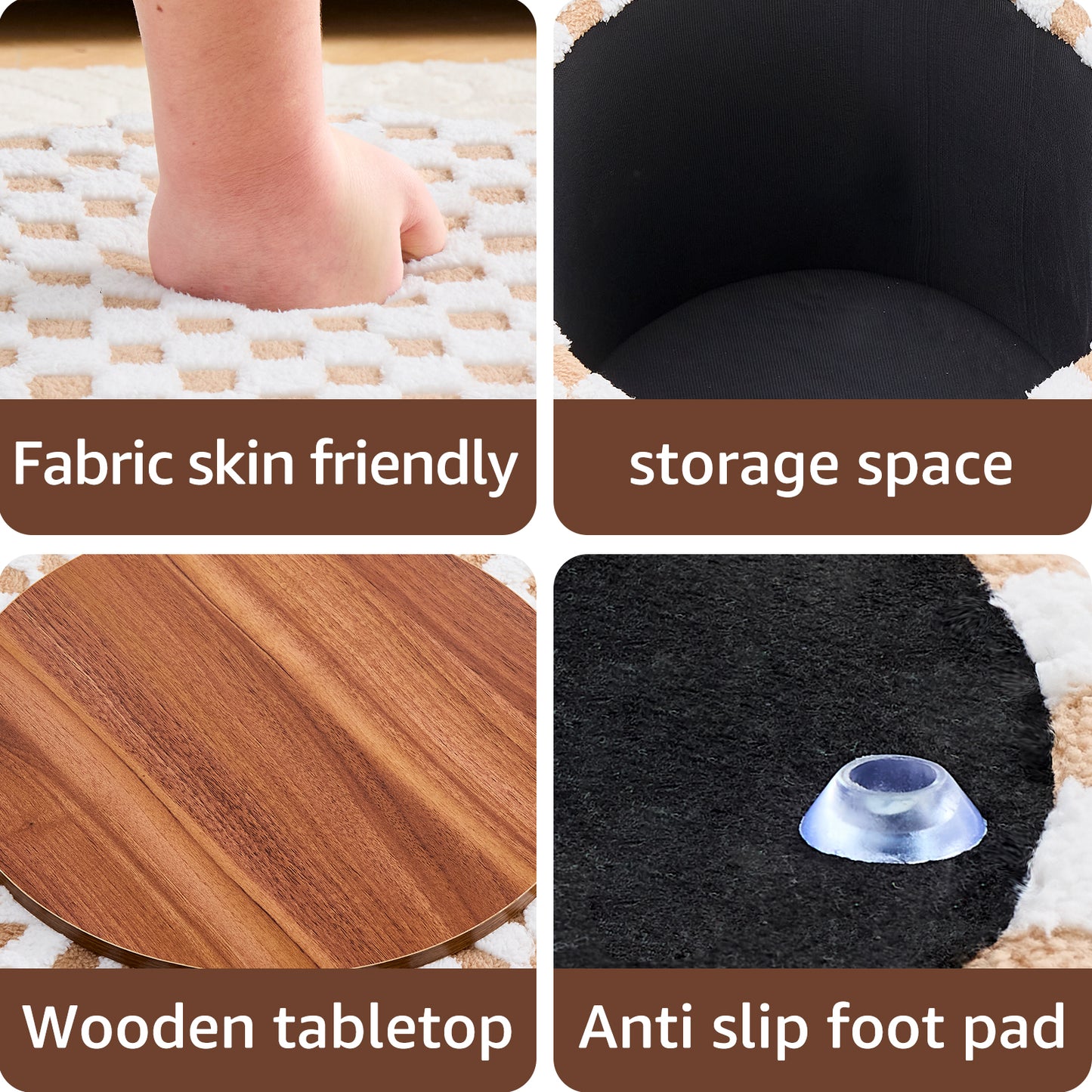 Round Brown Faux Fur Ottoman with Storage – Footrest for Bedroom or Vanity