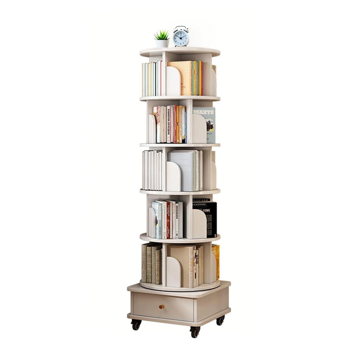6-Tier 360° Rotating Bookshelf with Wheels & Drawer, Space-Saving Warm White
