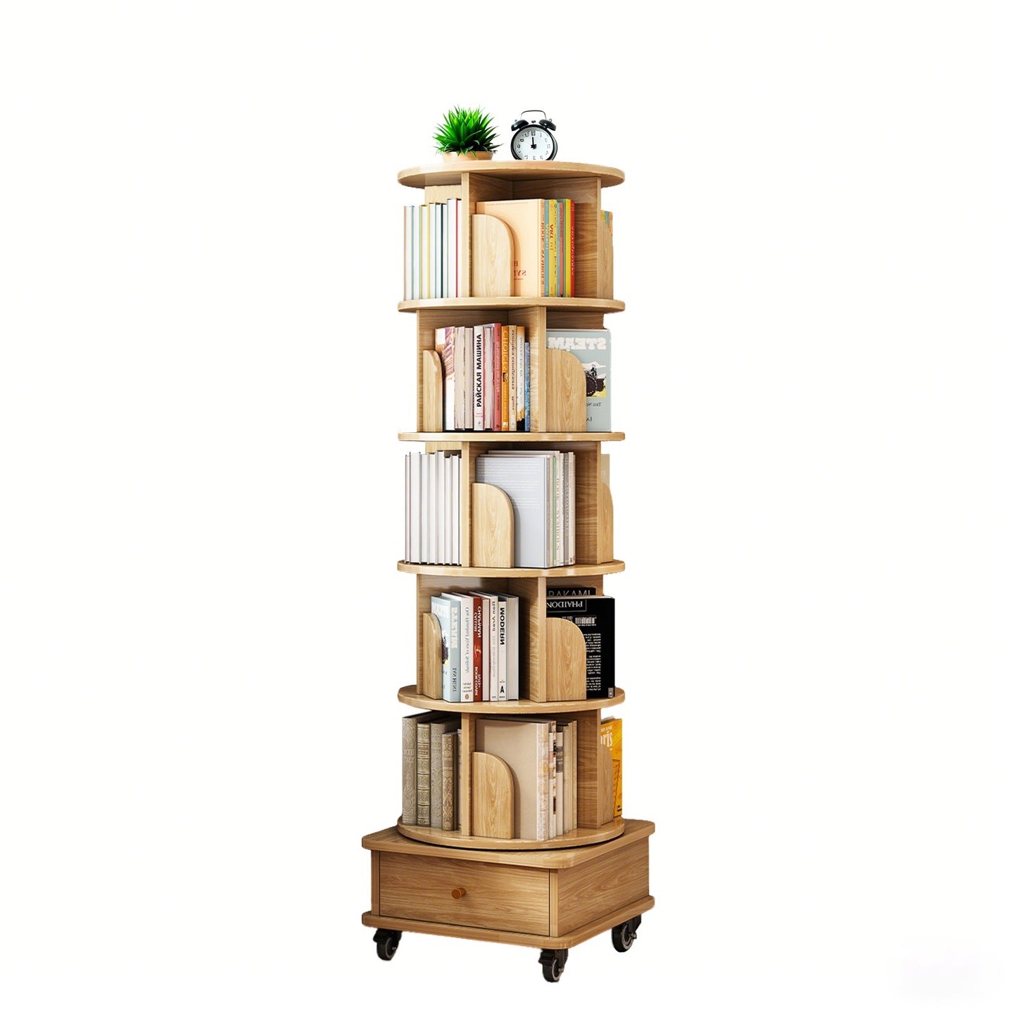 6-Tier 360° Rotating Bookshelf with Wheels & Drawer, Space-Saving Wood Color