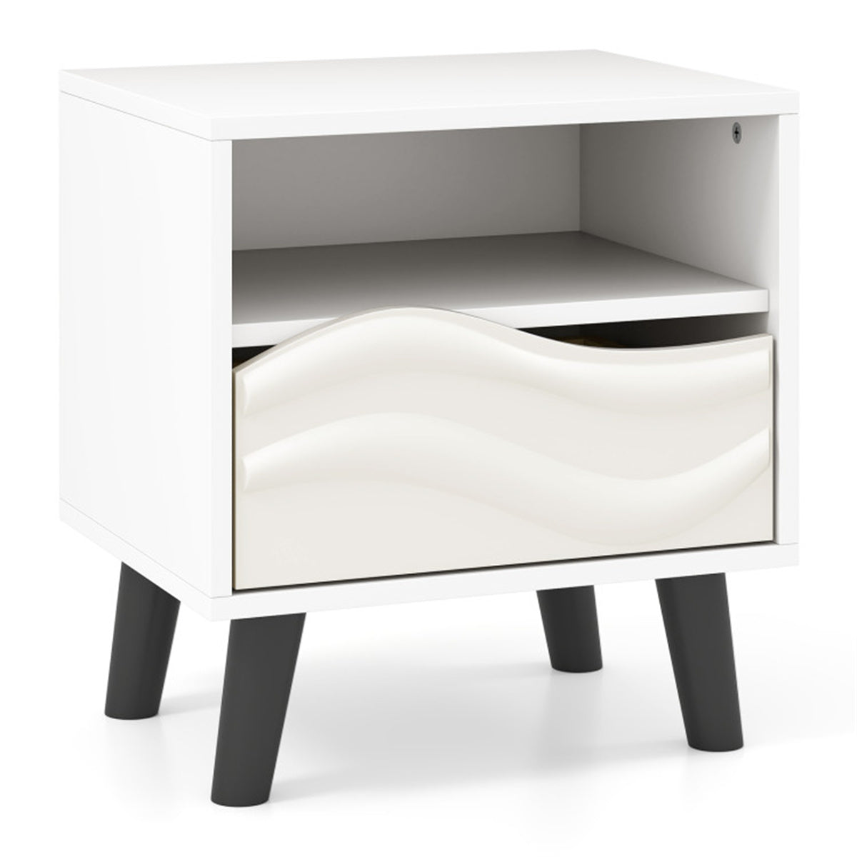 White Nightstand with Drawer & Open Shelf – Modern Compact Bedside Table