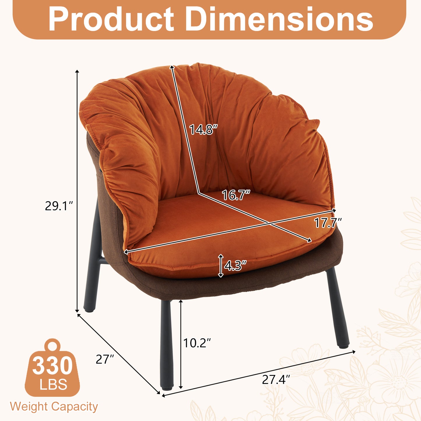 Modern Velvet Barrel Accent Chair with Metal Legs – Burnt Orange Armchair